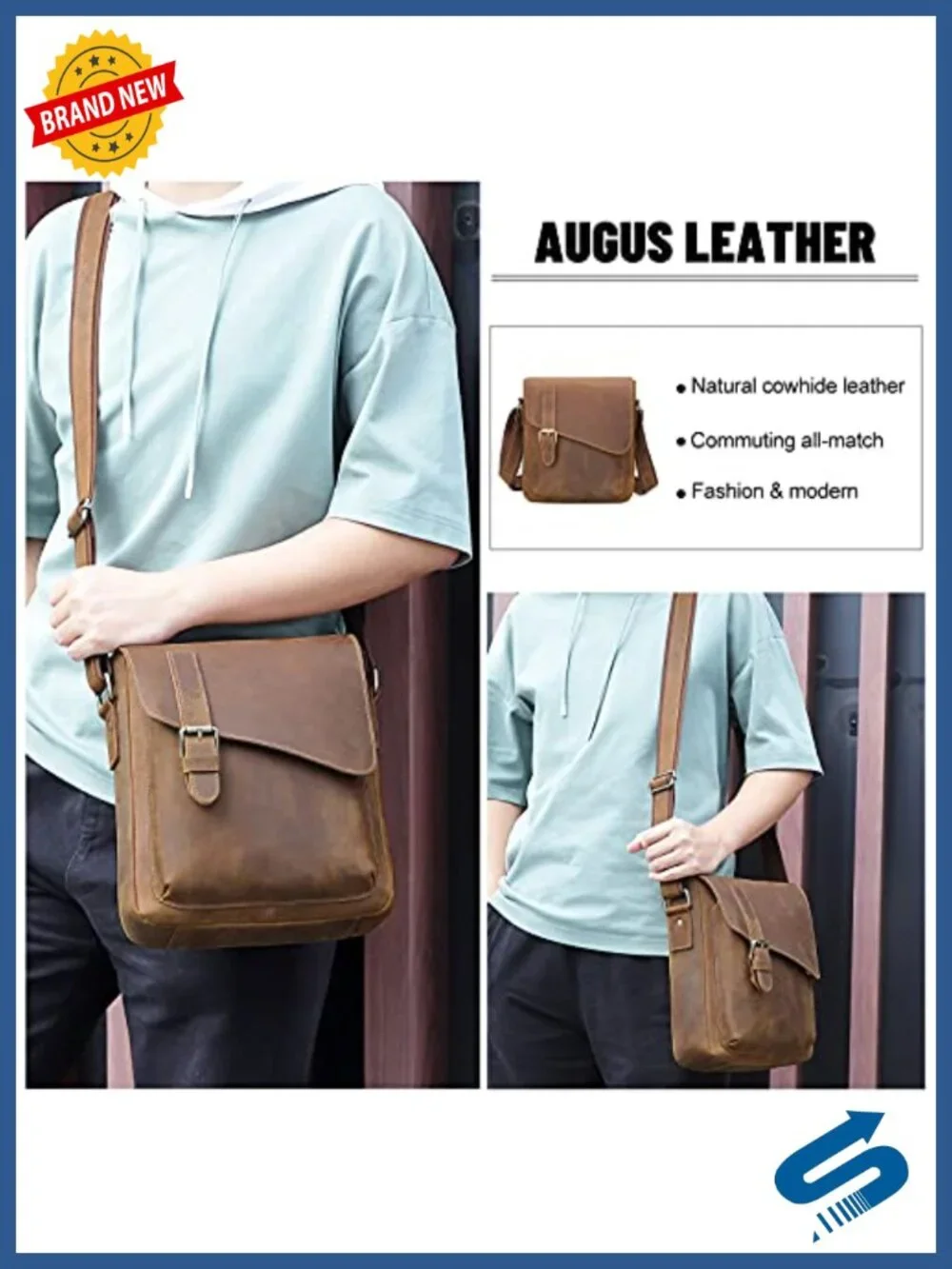 Leather Messenger Bag Men's Crossbody Fits Up to 11.5 Inch Tablet